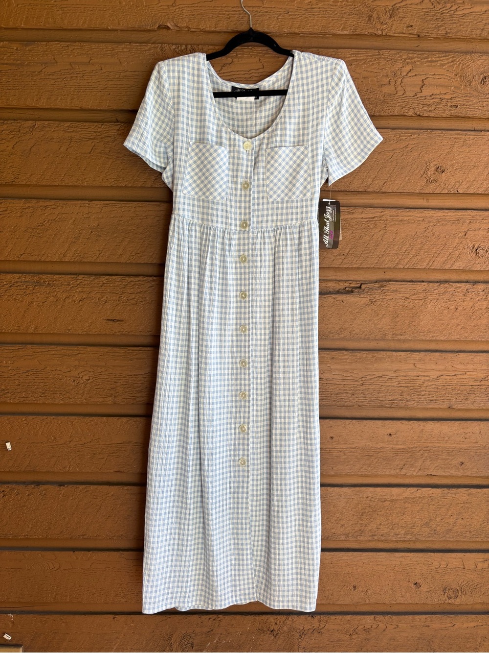 NWT All That Jazz Vintage Blue and White Gingham Midi Button-Front Dress